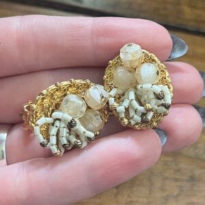 5/$45 Vintage Gold and Cream Unique Beaded Earrings stamped Patent Pending D3